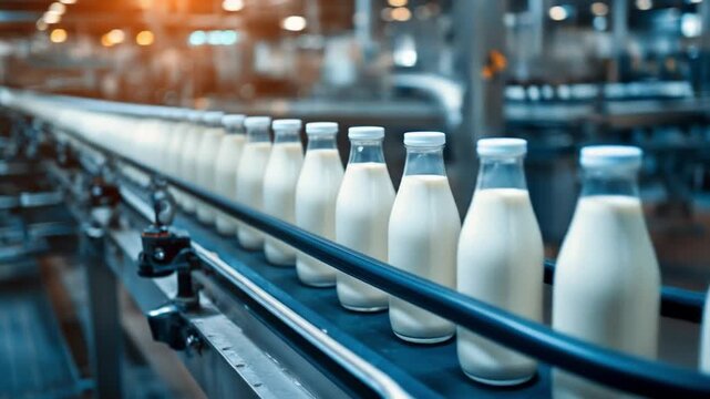 Rows of milk bottles glide along a blue conveyor in a bright dairy processing line; factory hums, hi