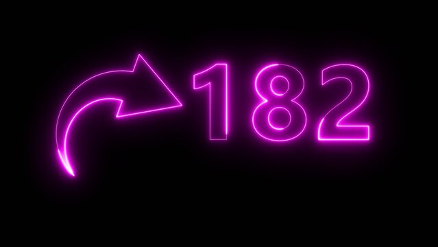 Neon business counter number. Neon count number 182 on black background. Neon count number.