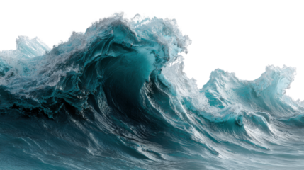 Powerful ocean wave breaking with teal water and white foam, representing nature's strength, transparent background