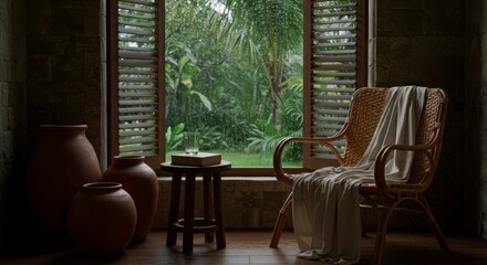 Rustic interior with chair and window overlooking tropical greenery
