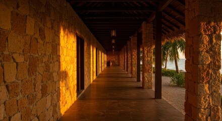 Obraz premium Long hallway with stone walls wooden columns and bright sunlight at daytime