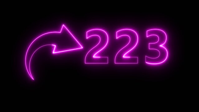 Neon business counter number. Neon count number 223 on black background. Neon count number.