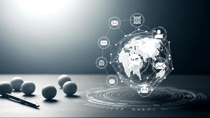 Digital globe with communication icons surrounded by spheres on a sleek surface, representing global connectivity - Powered by Adobe
