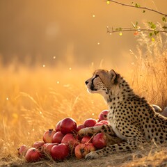 A cheetah beside ripe pomegranates with a golden beautiful background