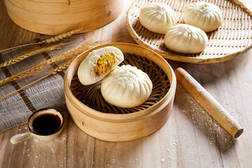 Sauerkraut Egg Steamed Buns In Bamboo Steamer