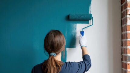 Painting the walls: A person is painting a wall with paint roller creating a freshly painted and transformed interior space