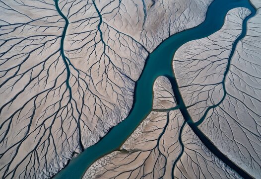 Nature's Art: Braided Terrain Resembling a Dry Riverbed with Turquoise Water