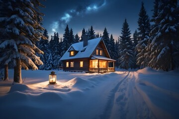 Midnight Snowscape Christmas House With Lantern Lights