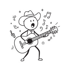 Cartoon stick figure of a country music singer. Vector illustration of a stickman cowboy playing acoustic guitar and singing a song.

