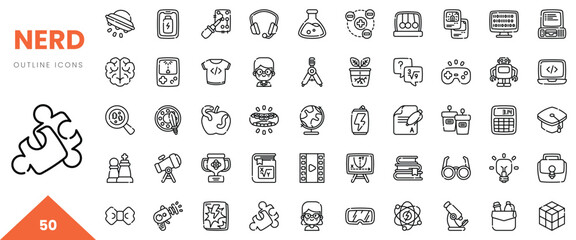 A collection of 50 outline icons representing various nerd culture elements and interests.