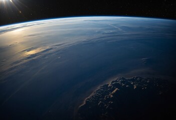 Abstract landscape of dawn light and starry sky on planet edge