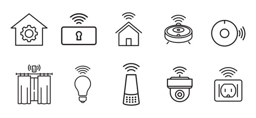 Smart Home and Internet of Things Line Icon Vector Set. Modern Black Icons for Automation, Security, Appliances, Surveillance, and Connected Devices
