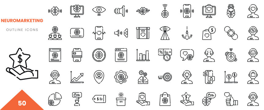 A collection of outline icons representing neuromarketing concepts featuring various symbols and tools.