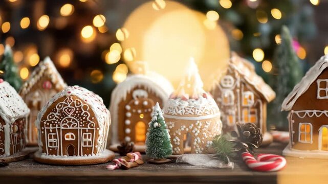 Row of gingerbread houses with icing and candy decor, tiny trees, pinecones, warm bokeh lights, cozy!