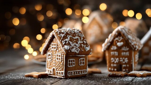 Row of frosted gingerbread houses on a wooden table, warm bokeh lights glow softly, festive. warmly