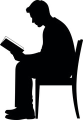 Silhouette of a man sitting on a chair reading a book, illustrating concentration and learning