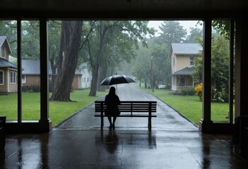 Back view of a woman with an umbrella sitting on a bench in a rainy residential area