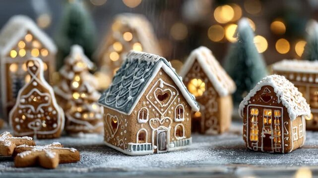 Cozy gingerbread village with frosted houses, icing patterns, and twinkling holiday lights, warm...