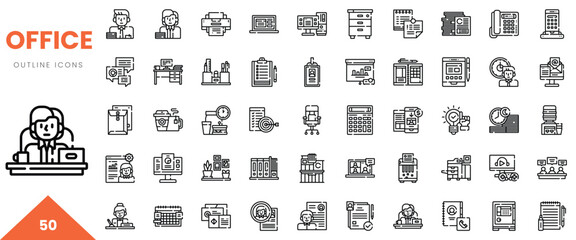 A collection of 50 outline icons representing various office tools and work-related symbols.