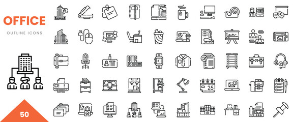 Collection of 50 outline icons representing various office-related scenarios and items.