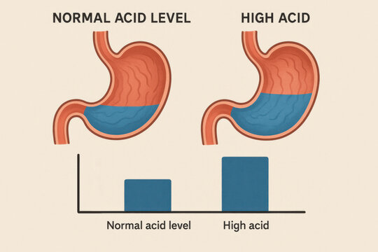 Stomach diagram comparison of normal acid level versus high acid. This medical illustration on health and digestion shows painful condition of hyperacidity in human organ