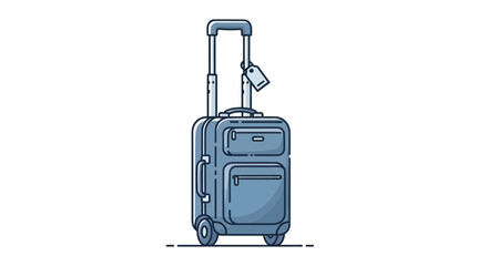 Blue Rolling Suitcase with Extended Handle and Luggage Tag Illustration.