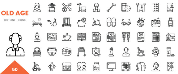 Collection of outline icons representing old age concepts, including activities and healthcare.