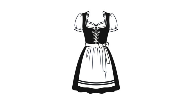 Traditional Bavarian Dirndl Dress Black and White Line Art Illustration.