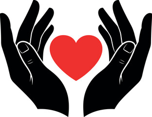 Obraz premium Black silhouette vector illustration of two cupped hands protecting a bright red heart, symbolizing health, love, care, kindness, organ donation, charity, and protection concepts.