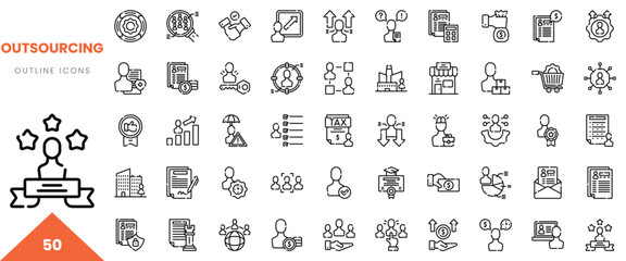A collection of 50 outline icons representing the concept of outsourcing and business processes.