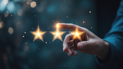 Star Rating at Your Fingertips: A close-up captures a hand delicately pointing towards three illuminated stars, signifying quality, excellence, and a commitment to high standards.