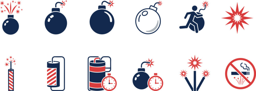 Bomb, Explosive, and Danger Vector Flat Icons Set, Dynamite, Fuse, Timer, Explosion, No Smoking, and Running from Bomb Symbols, Graphic for Warning, Terrorism, and Safety Concept.