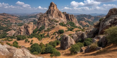 Stunning panoramic view of the ancient rock formations and rugged landscape of Sardinia, Italy, under a clear blue sky with scattered clouds.