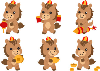 Cute horse mascot character set for Lunar New Year 2026 with lantern, red envelopes, fireworks, gold coin, and money illustration for Asian festival and celebration design.