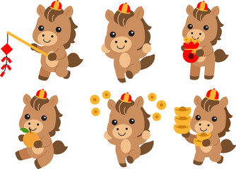 Fototapeta premium Cute horse mascot set for Lunar New Year 2026 with lantern firecracker, angpao money bowl, golden ingot stack, orange fruit, and coin rain celebration illustration.