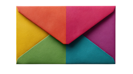 Colorful vibrant email envelope sending diverse communication messages and information, blank copy space, transparent background