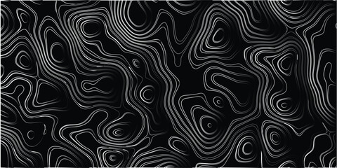 Abstract topographic map pattern displaying white contours on a black monochrome background