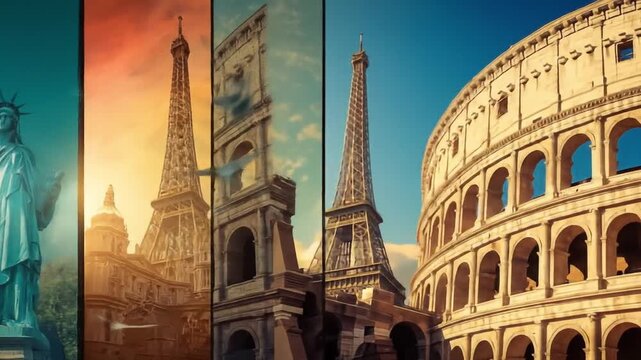 Split-panel collage of iconic worlds landmarks Colosseum, Statue of Liberty, Eiffel Tower; at dusk