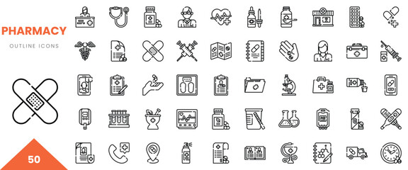 A collection of pharmacy outline icons representing medical tools and health elements.
