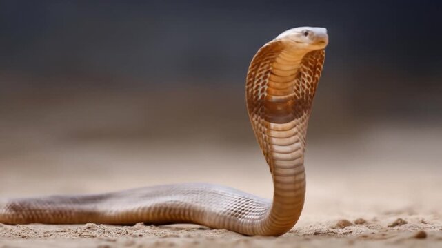 Cobra rises upright with its hood expanded on sandy ground,  a blurred desert backdrop under sun glow