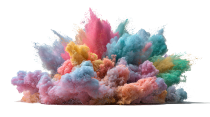 Vibrant colored powder explosion creating an abstract cloud of dust and particles on transparent background