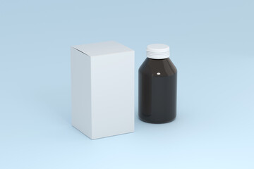 Black medicine pill bottle with white paper box on a blue background 3d rendering