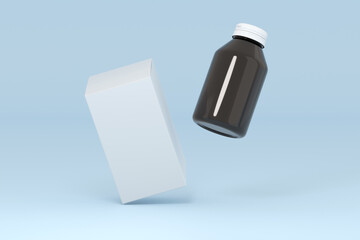 Black medicine pill bottle with white paper box on a blue background 3d rendering