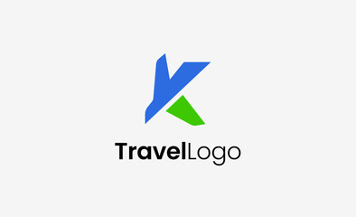 Travel Logo Airplane icon and Letter K, Travel agency illustration modern and minimalist concept.