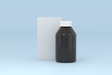 Black medicine pill bottle with white paper box on a blue background 3d rendering