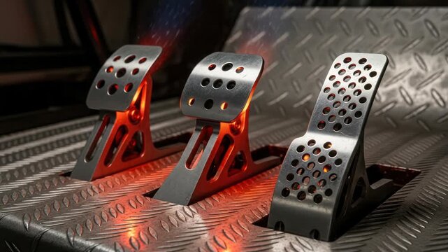 Close-up of Racing Simulator Pedals with Metallic Finish and Subtle Red Glow for Immersive