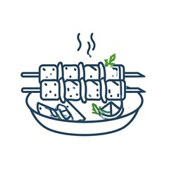 Line drawing of cooked skewers on a plate, with steam rising