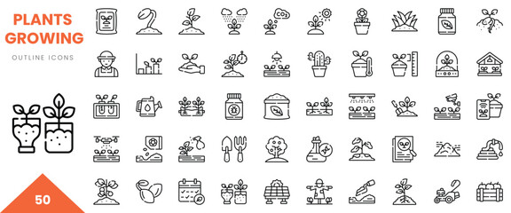 Obraz premium A collection of line art icons representing various plants growing, gardening tools, and nurturing activities.