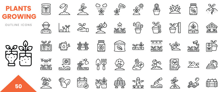 A collection of line art icons representing various plants growing, gardening tools, and nurturing activities.