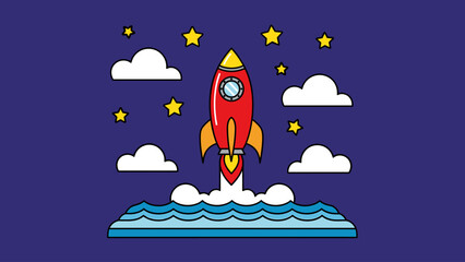Vibrant Red Rocket Launching into Dark Sky with Stars and Clouds - Flat Vector Illustration for Startup, Space, and Progress